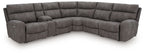 Dark gray power reclining sectional sofa with corner chaise and raised arm panels
