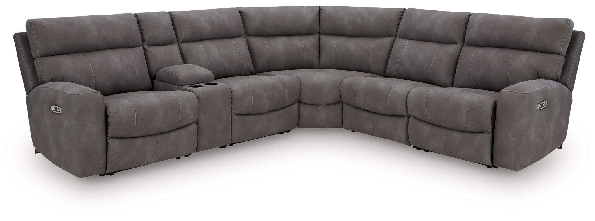 Dark gray power reclining sectional sofa with corner chaise and raised arm panels