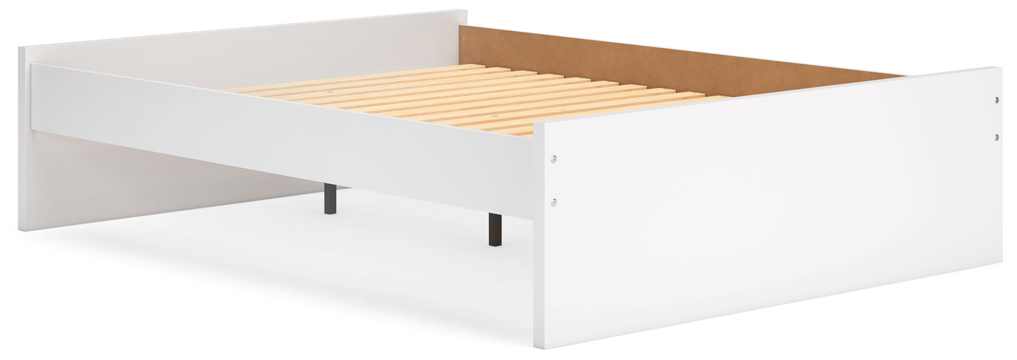 White platform bed with open slat base and underside storage compartment
