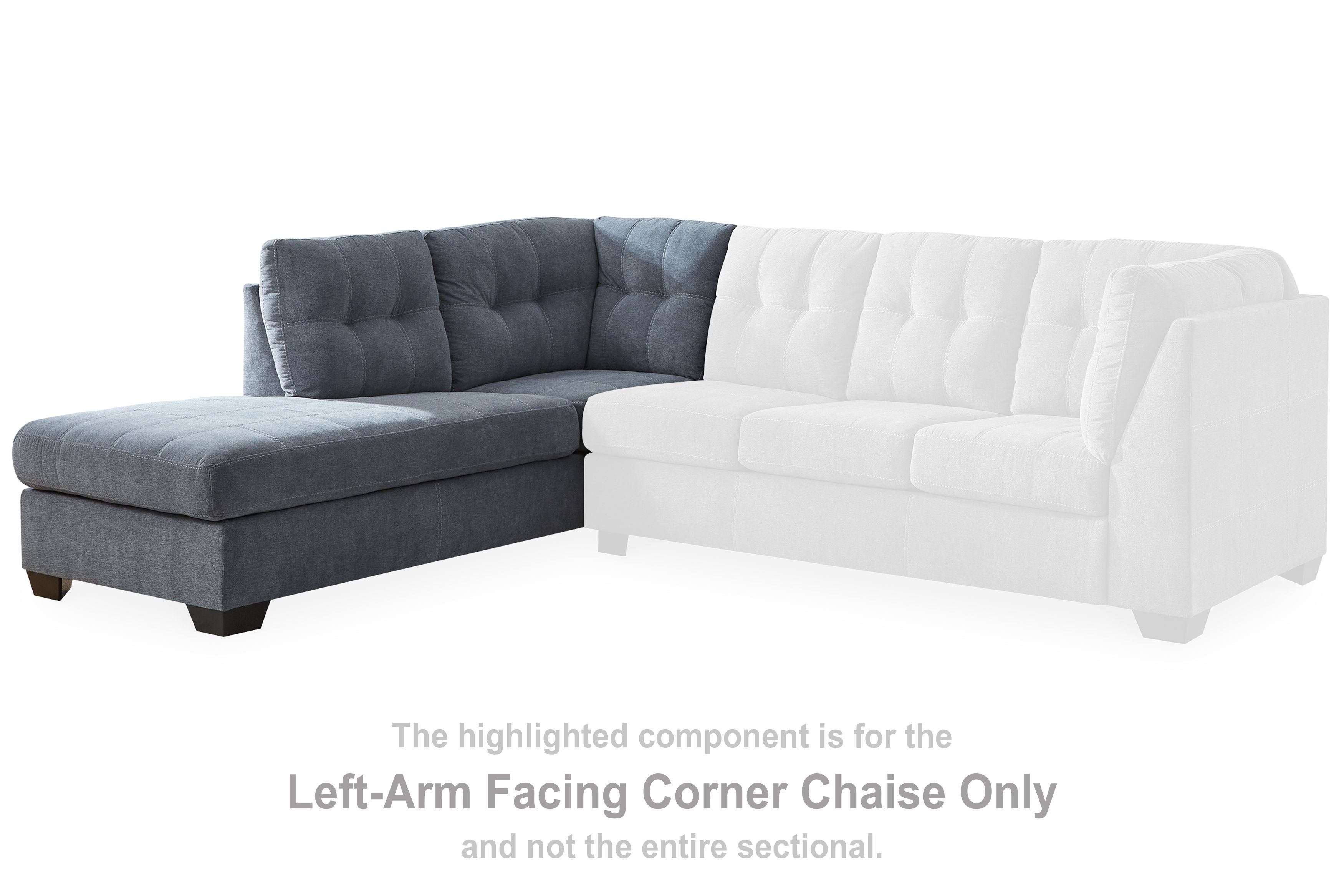 Left-arm corner chaise section with tufted backrest, chaise seat, blue fabric