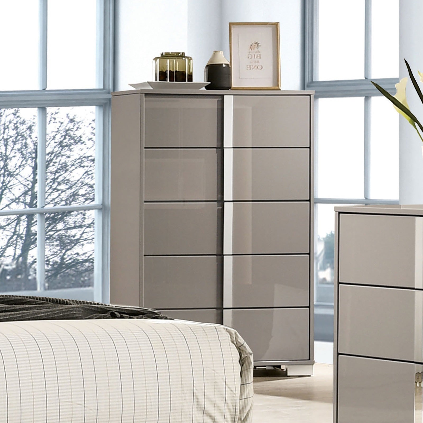 Taupe Contemporary Chest with Chrome Legs & UV Finish