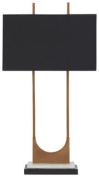 Brass metal table lamp with black rectangular shade and U-shaped metal body