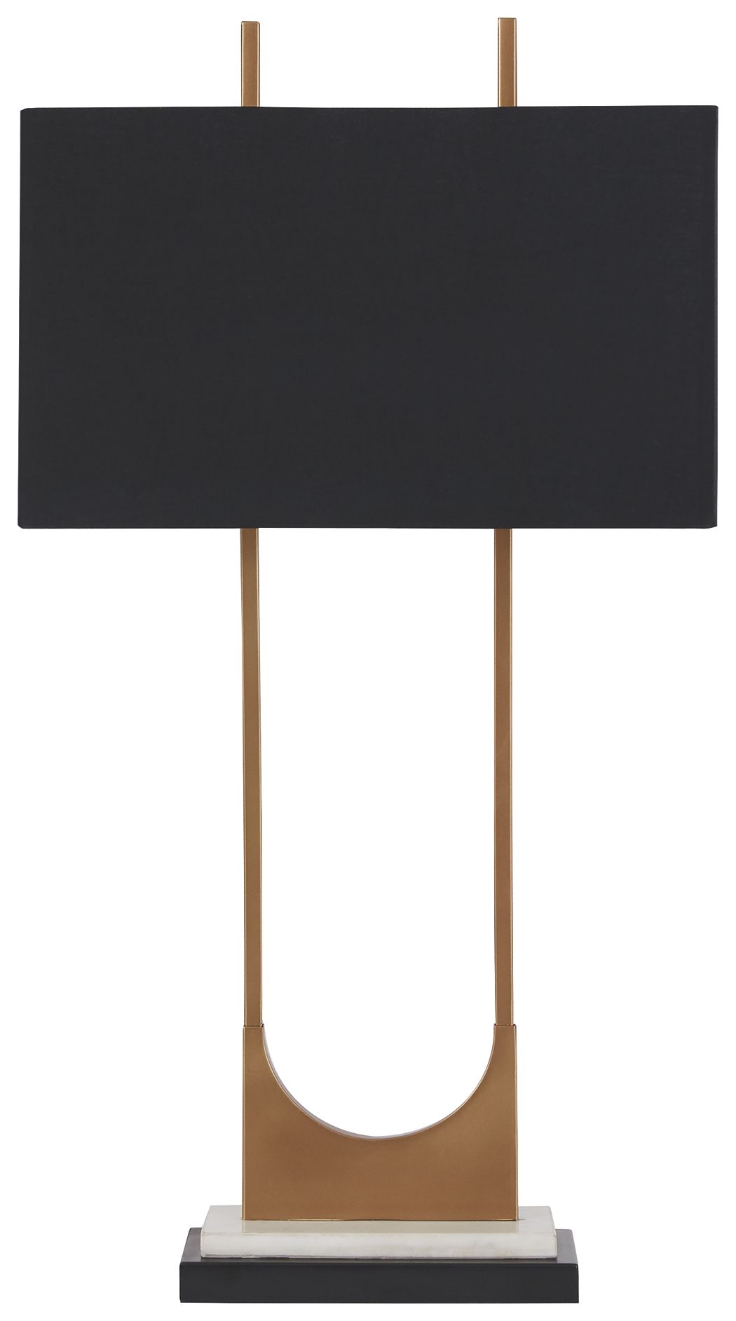 Brass metal table lamp with black rectangular shade and U-shaped metal body