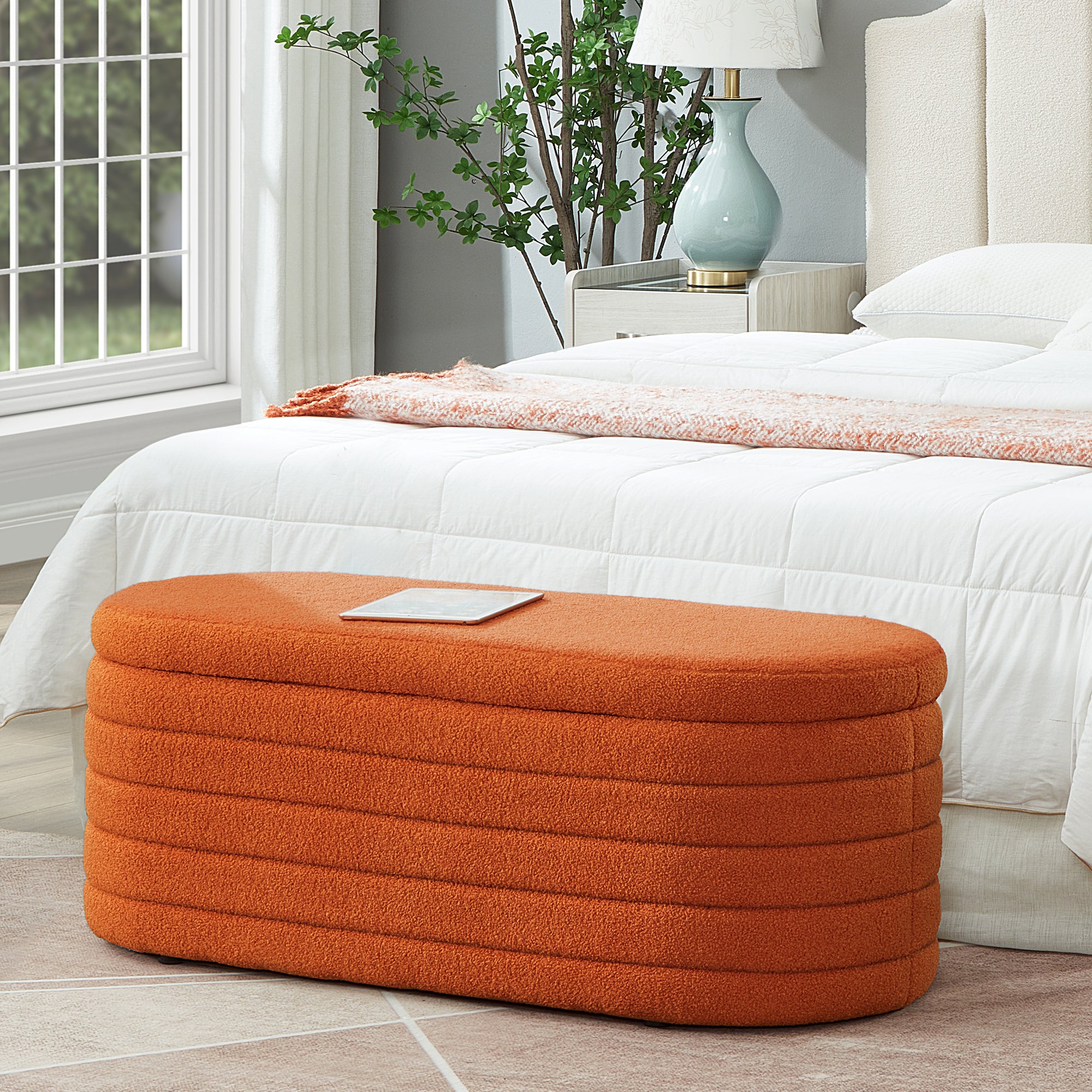 Modern Orange Oval Boucle Storage Ottoman Bench for Bedroom