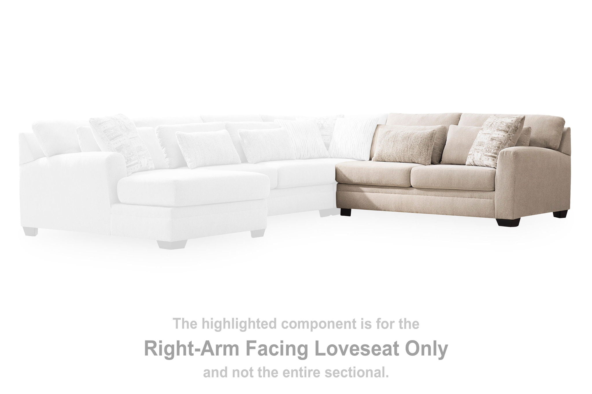Beige fabric loveseat with square arms and two throw pillows, shown in a sectional view.