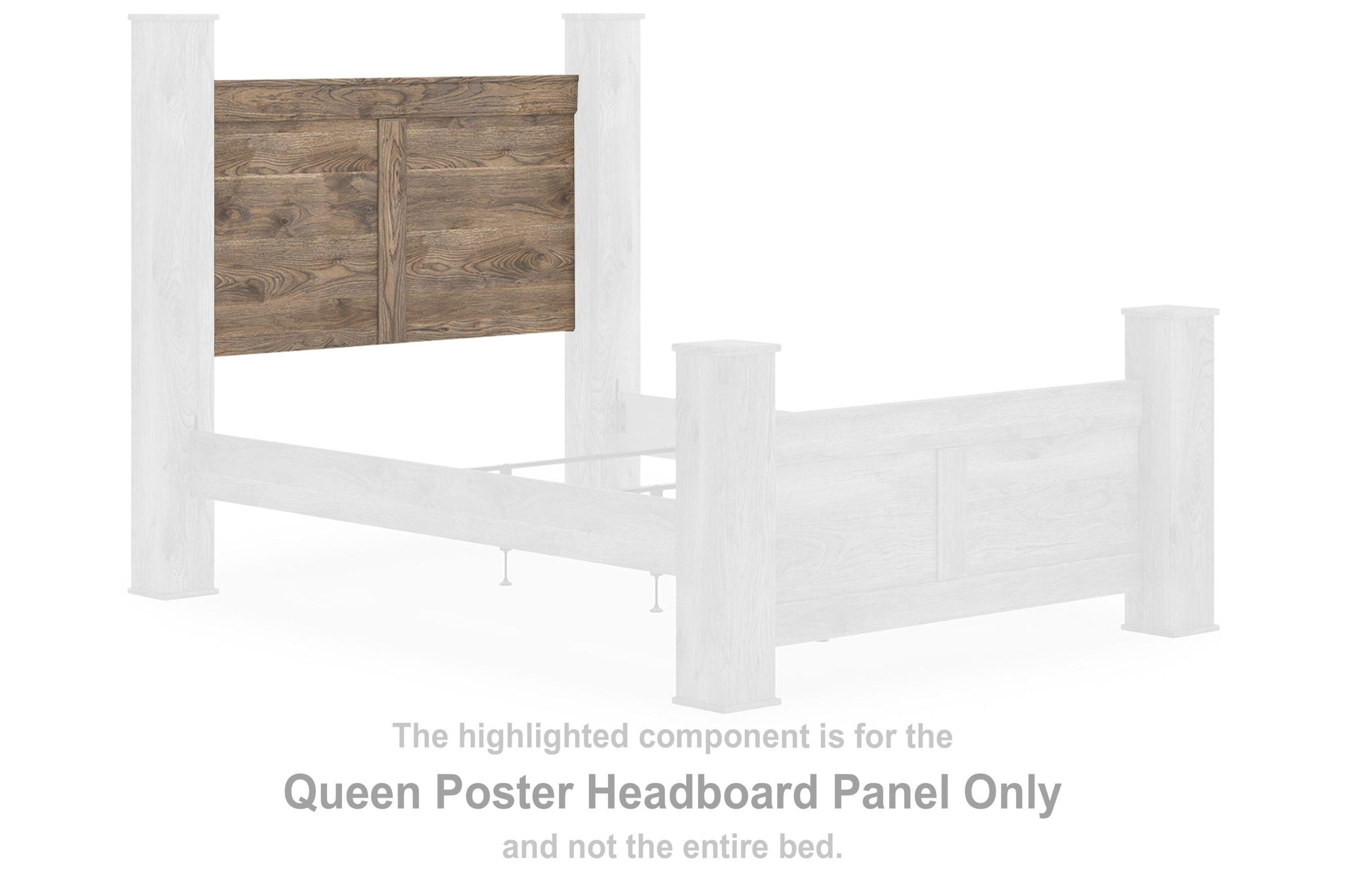 Brown queen poster headboard panel with wood plank design and two vertical posts