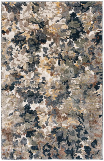 Dark gray and beige abstract area rug with floral medallion pattern