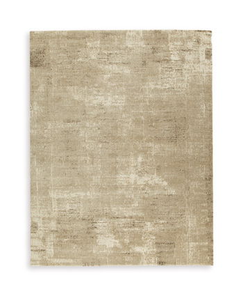 Beige abstract area rug with faded distressed marks and subtle rectangular texture