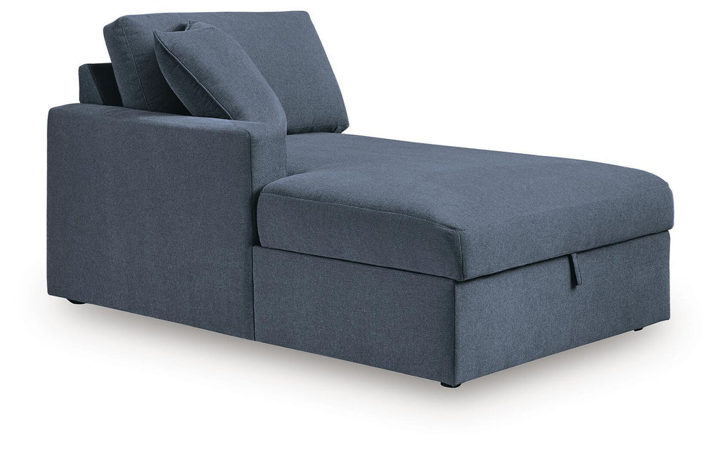 Ink blue chaise with storage, deep seat and curved armrest