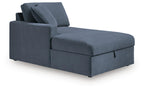 Ink blue chaise with storage, deep seat and curved armrest