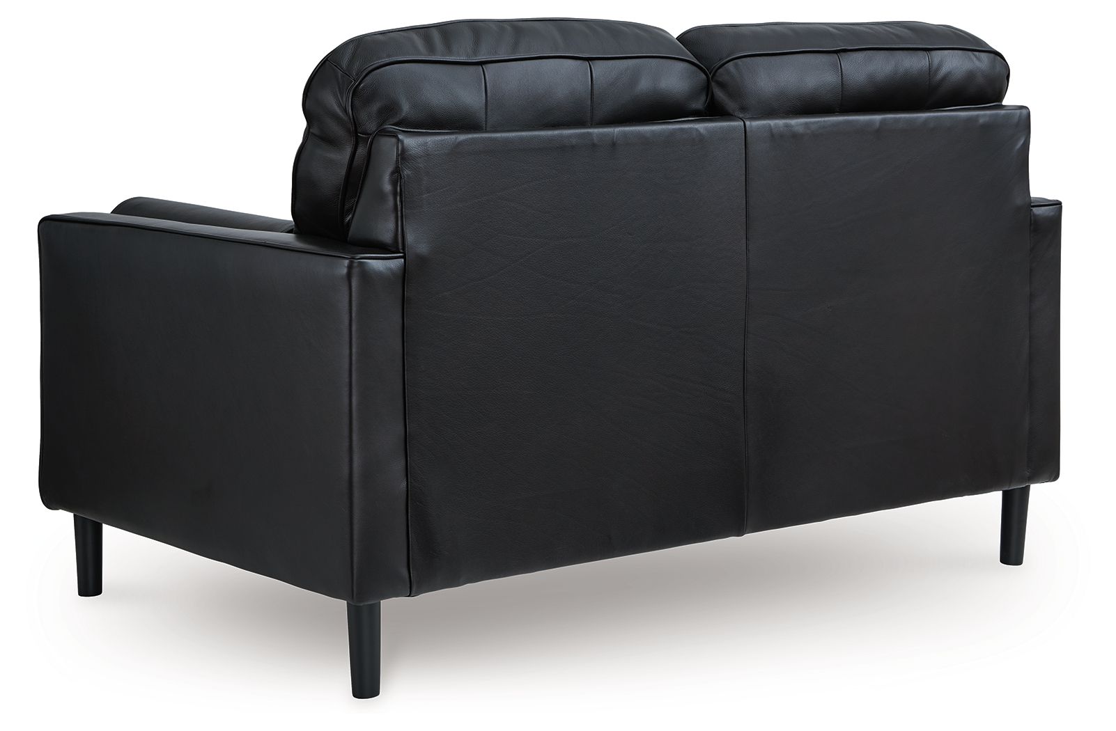 Dark onyx loveseat with padded arms, two-seat back, and low profile legs