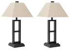 Black metal table lamps set of 2 with tan fabric shades and glass panels