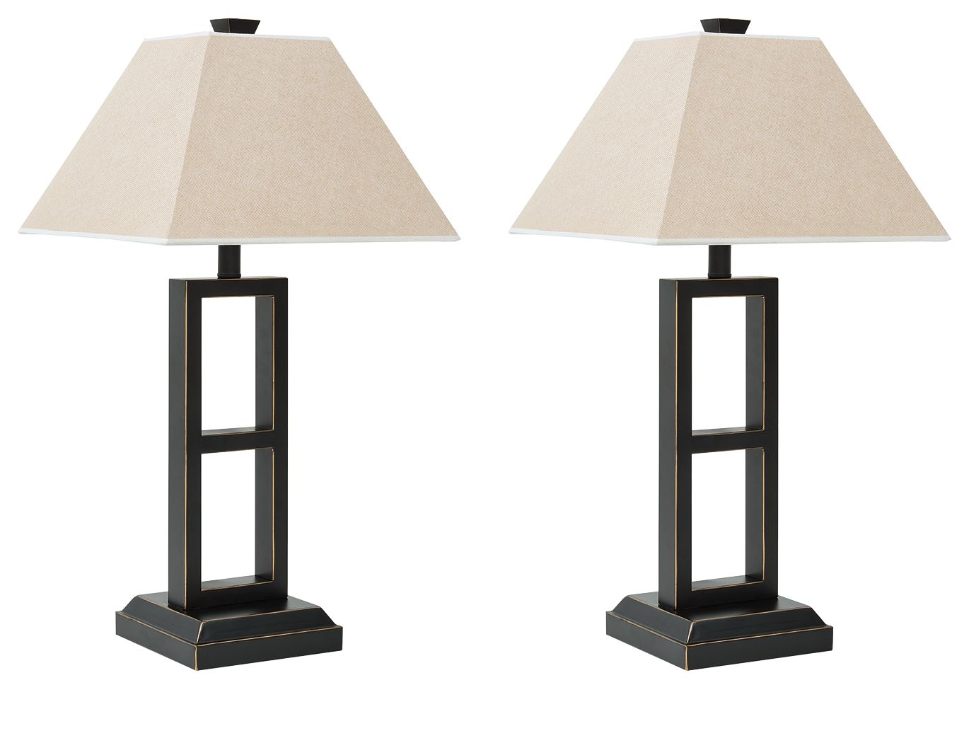 Black metal table lamps set of 2 with tan fabric shades and glass panels