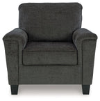 Dark gray upholstered armchair with square arms, seat cushion, and short legs