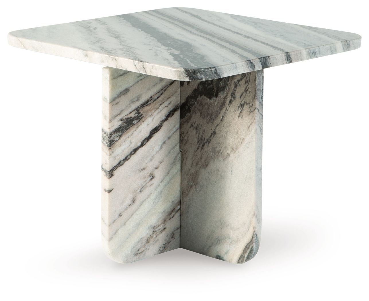 Accent cocktail table with white marble-look top and tapered pedestal base