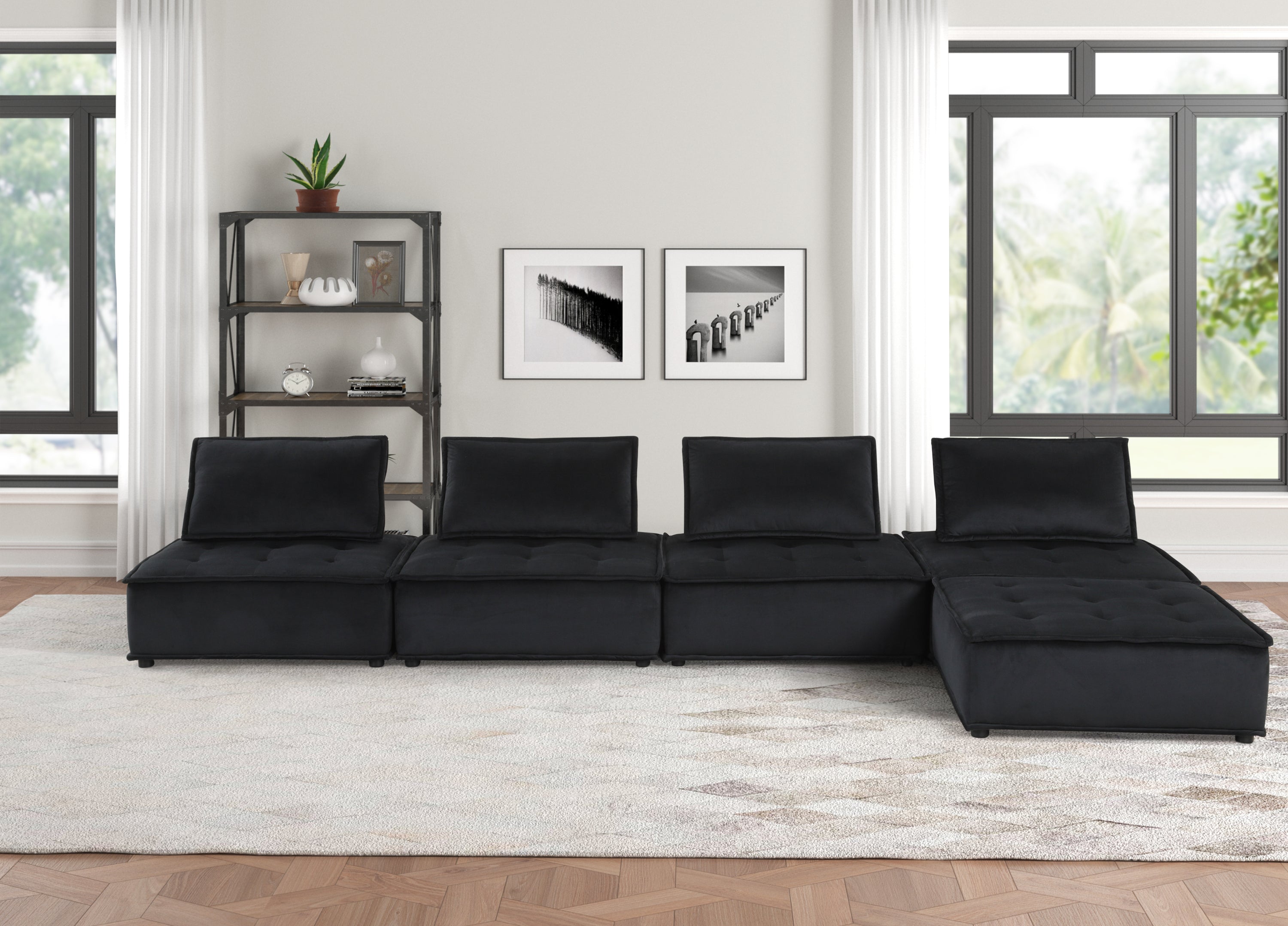 Anna 160' Black Velvet 5 Pc Sectional Sofa & Ottoman