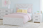 Light gray panel bed with chevron-pattern headboard and footboard, pink and white bedding