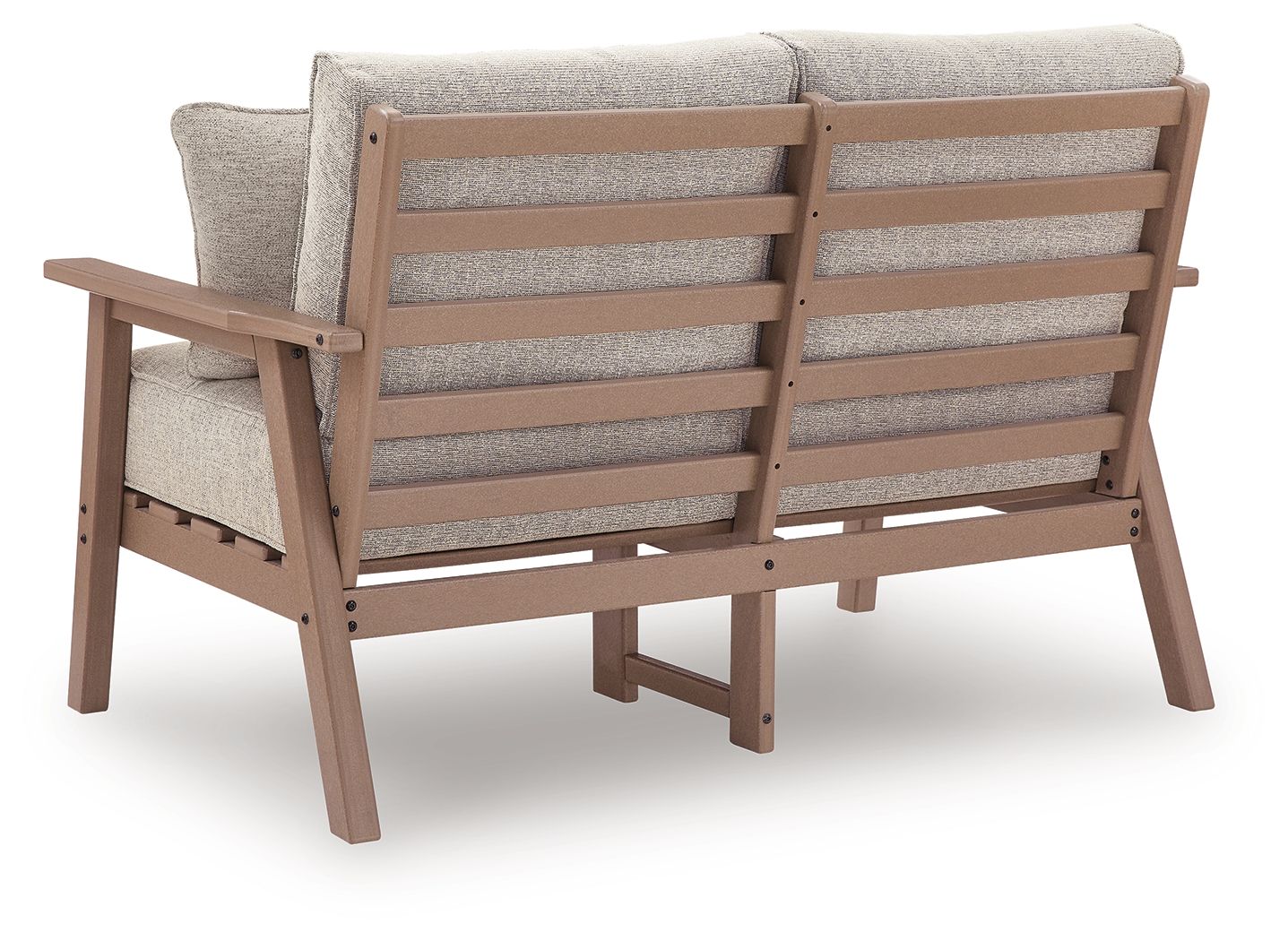 Driftwood loveseat with light gray cushions and slatted backrest, plus two patterned pillows.