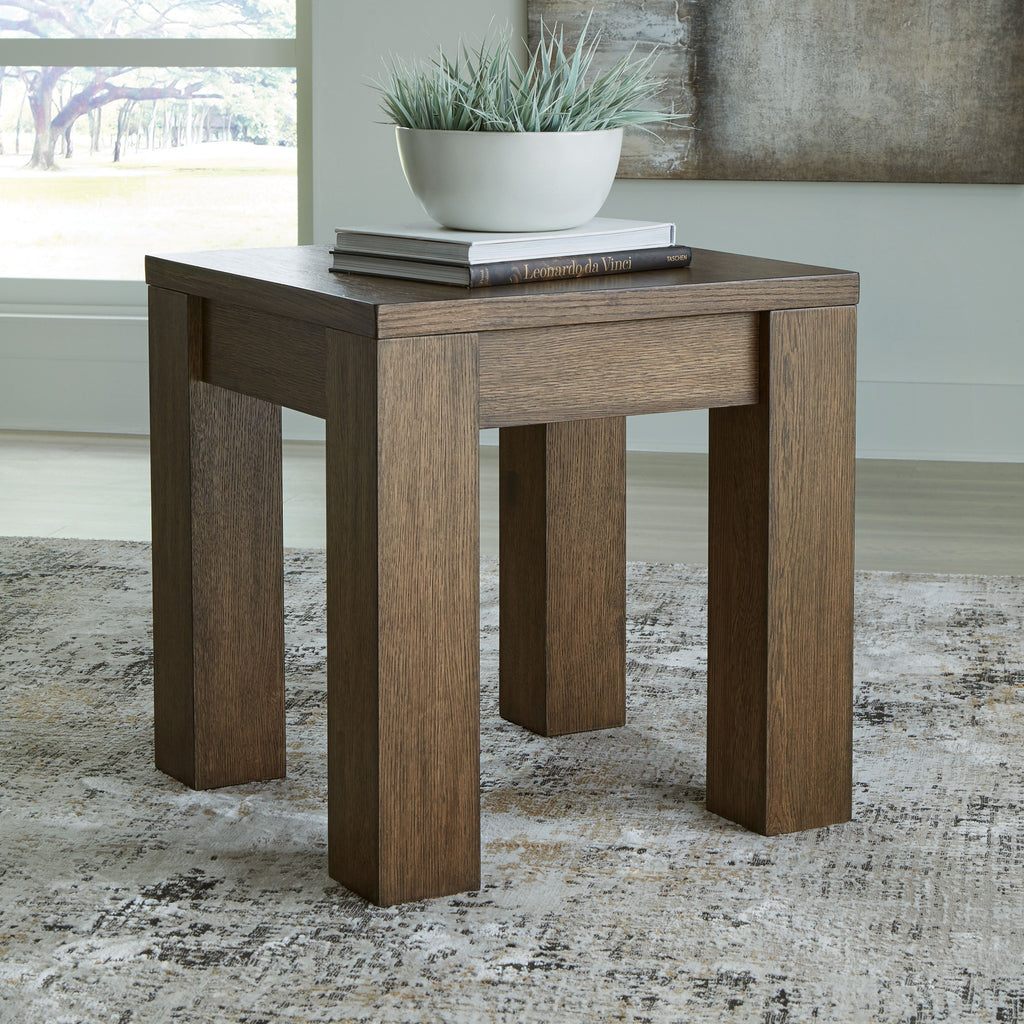 Warm brown square end table with front drawer and four vertical legs