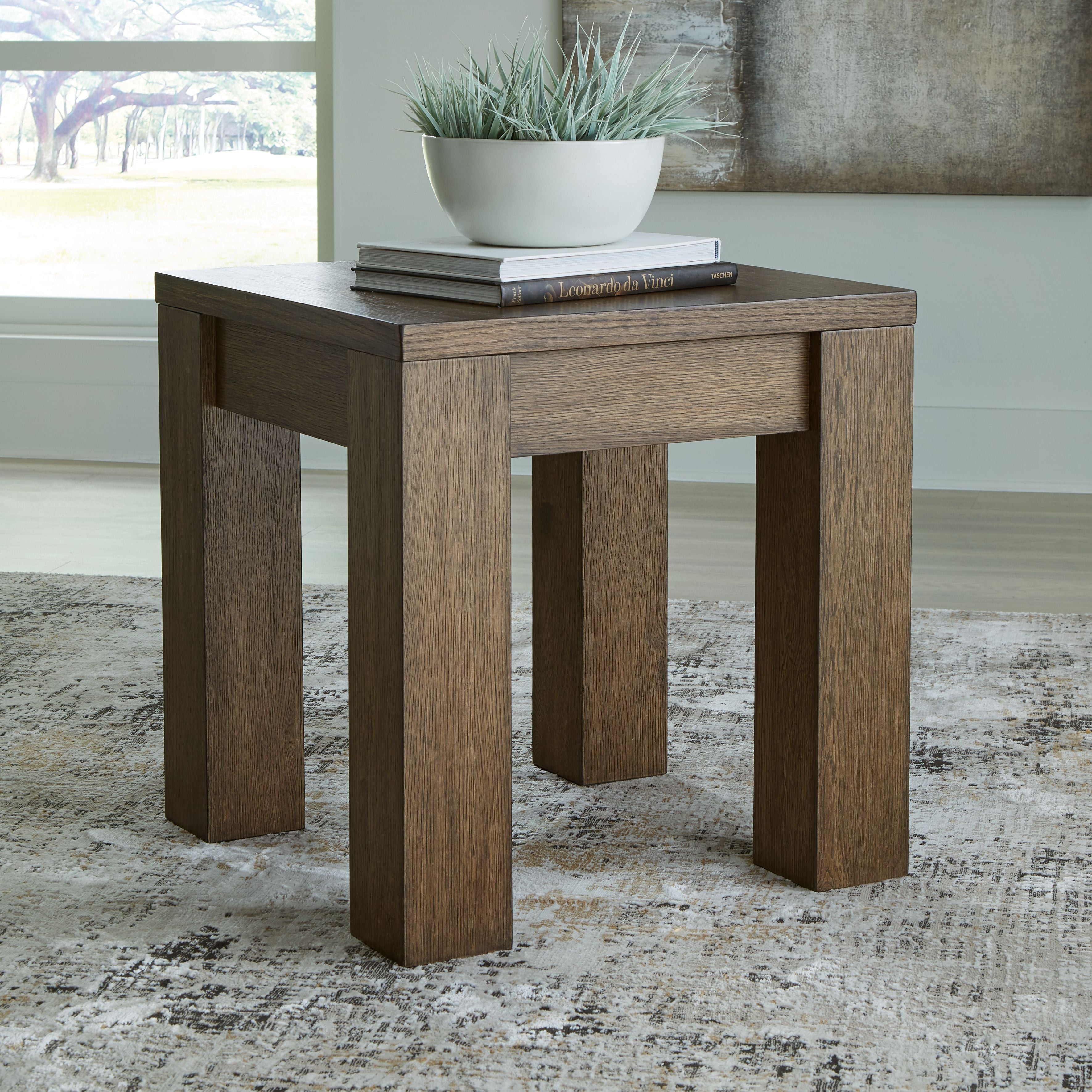 Warm brown square end table with front drawer and four vertical legs