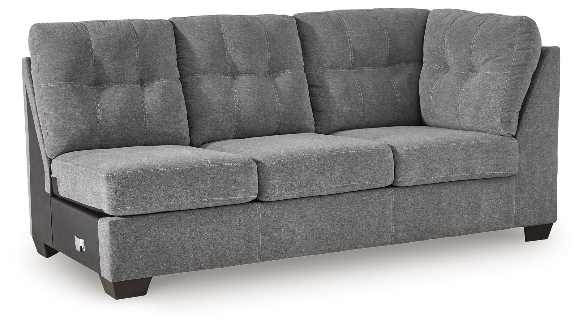 Gray fabric RAF sofa with tufted back, track arms, and three seat cushions