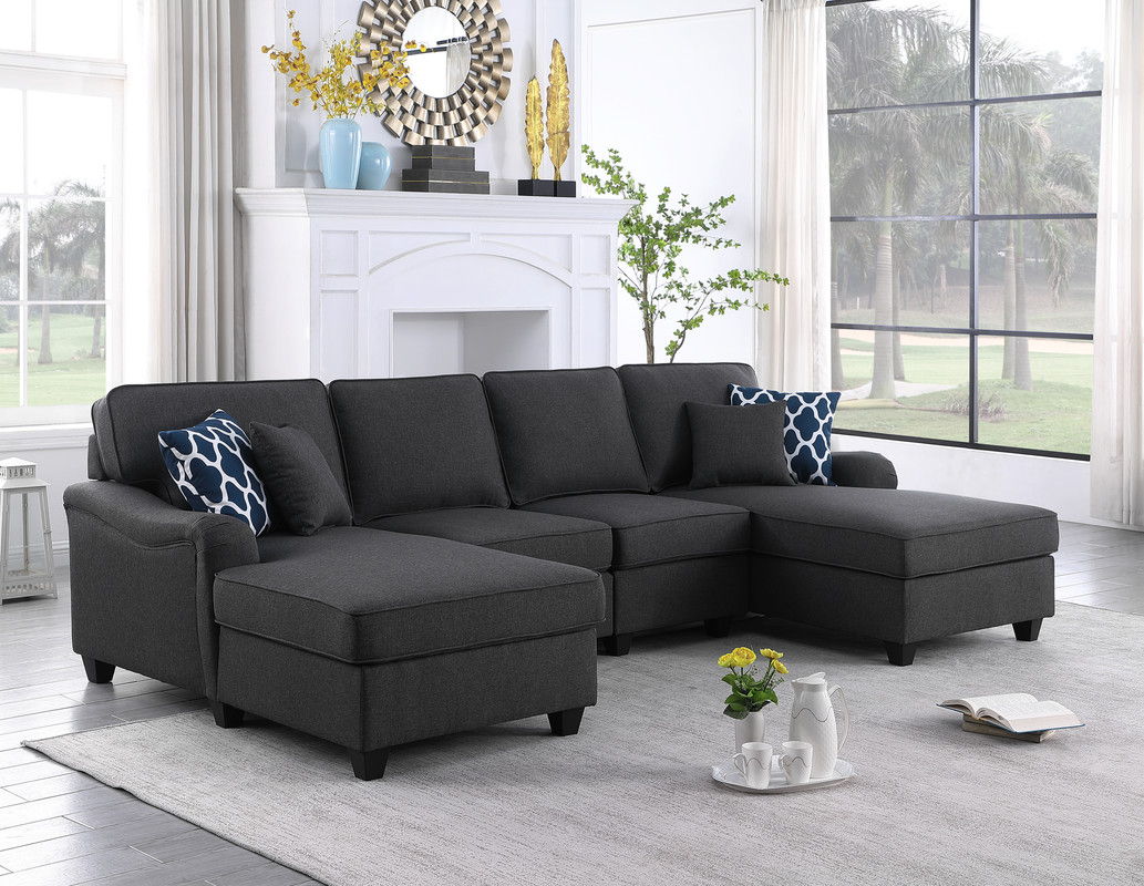 Leo -Linen Double Chaise 4 Piece Modular Sectional Sofa - Dark Gray