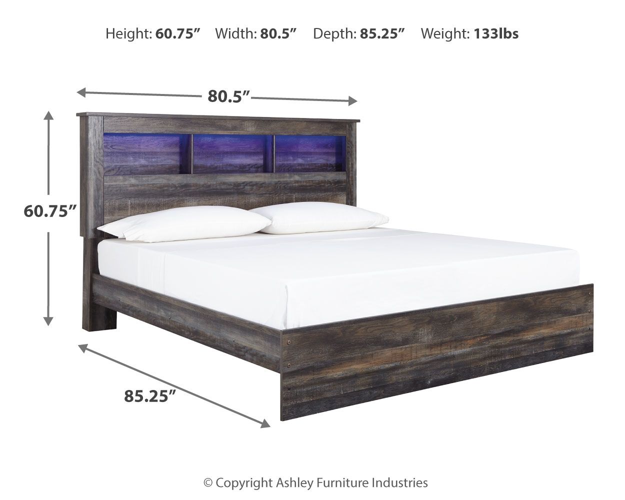 Panel bookcase bed with dark wood frame, white mattress, and blue-lit shelf panels