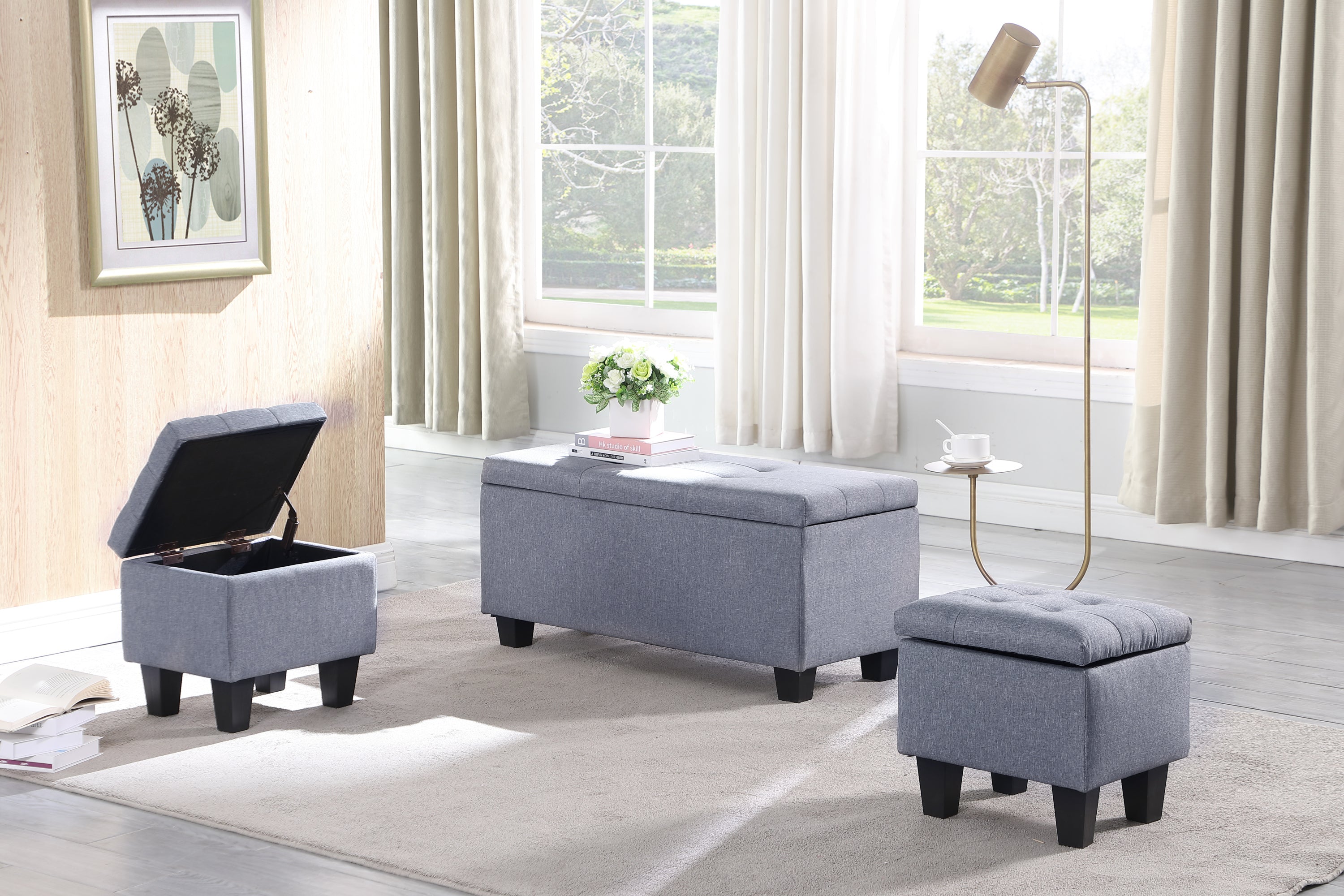 3-in-1 Tufted Linen Storage Ottoman Bench Set