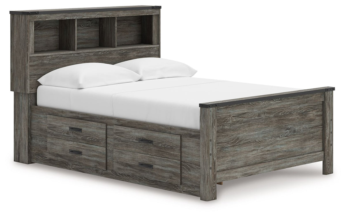 Gray bookcase panel bed with two storage drawers and white mattress, open-shelf headboard.
