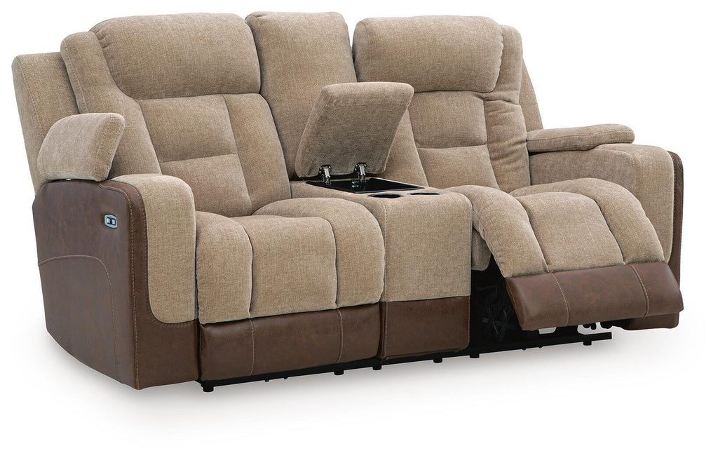 Power reclining loveseat with adjustable headrests and side control panel, beige and brown.