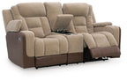 Power reclining loveseat with adjustable headrests and side control panel, beige and brown.