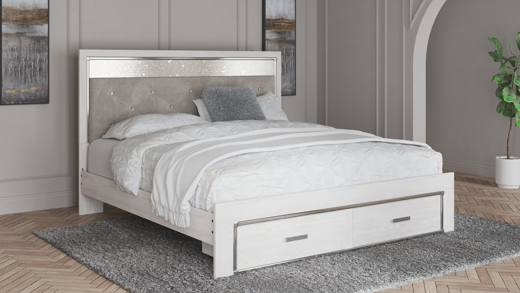 White upholstered storage bed with gray tufted headboard and two front drawers