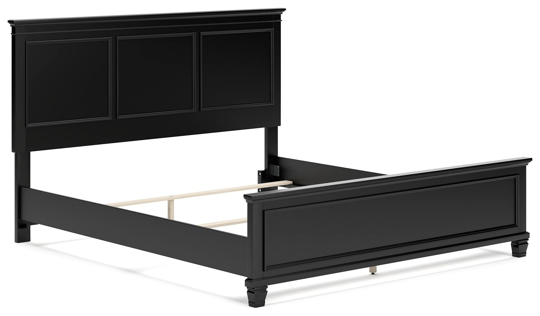 Black panel bed with open base showing slats and no visible drawer front.
