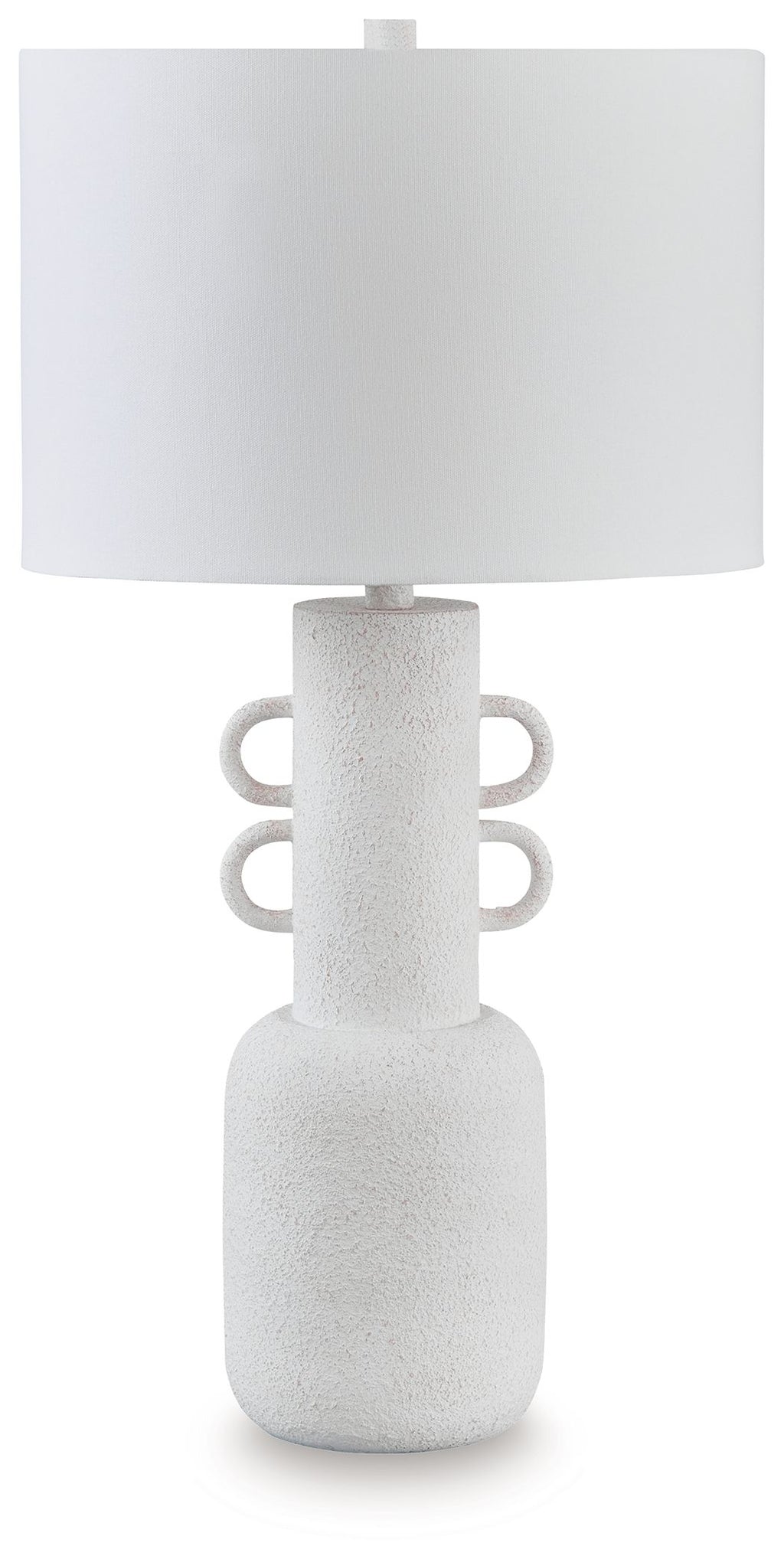 Distressed white metal table lamp with drum shade and textured pedestal base