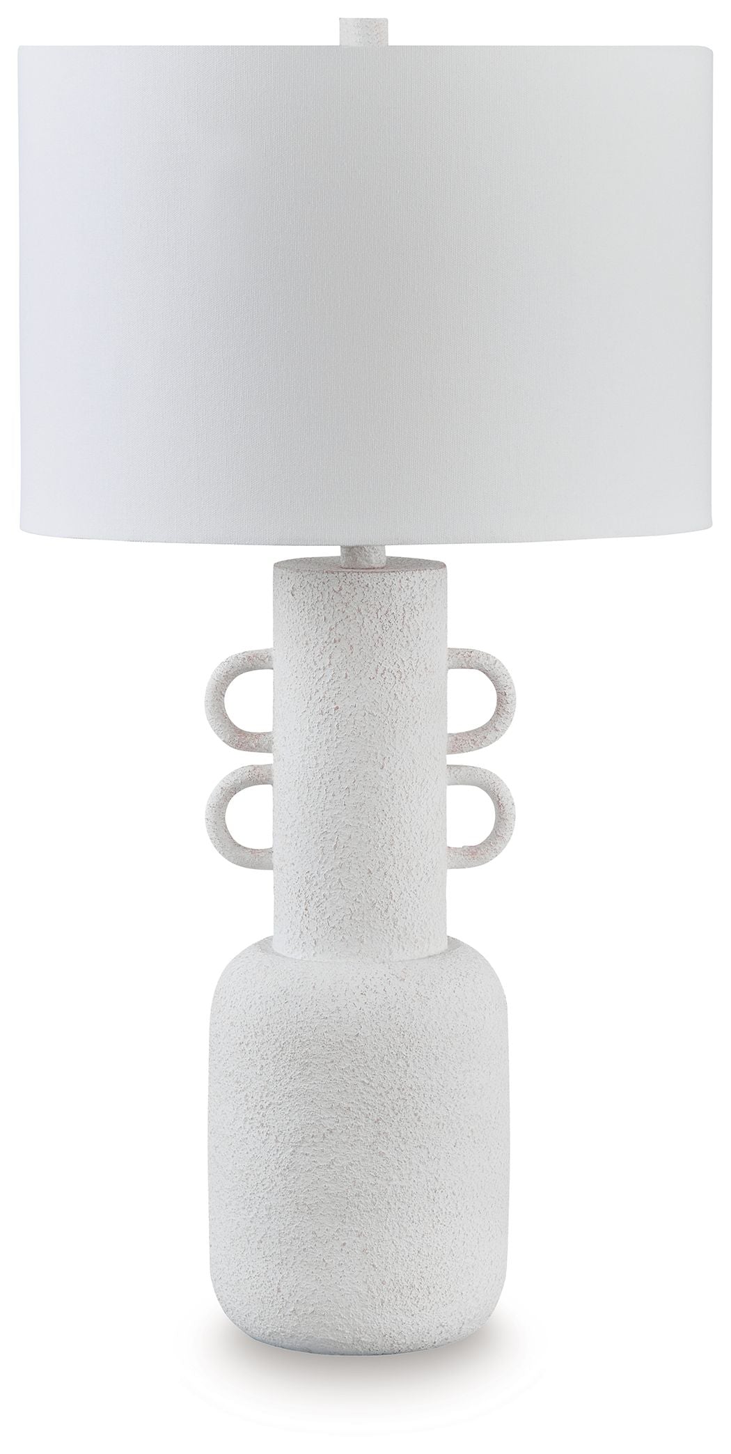 Distressed white metal table lamp with drum shade and textured pedestal base