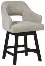 Beige upholstered swivel barstool with armrests and curved back, black angled legs