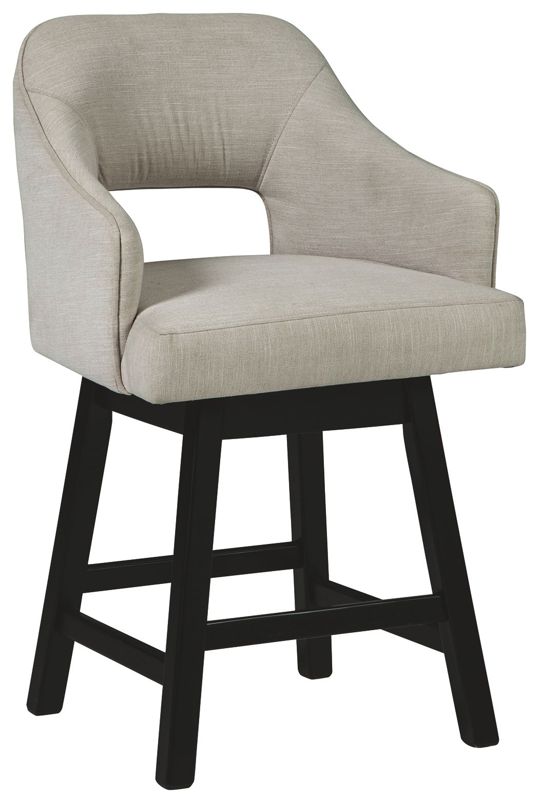 Beige upholstered swivel barstool with armrests and curved back, black angled legs