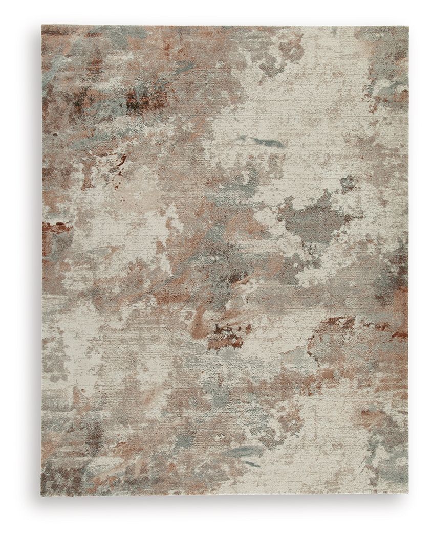 Distressed abstract area rug with light beige, gray, and rust tones