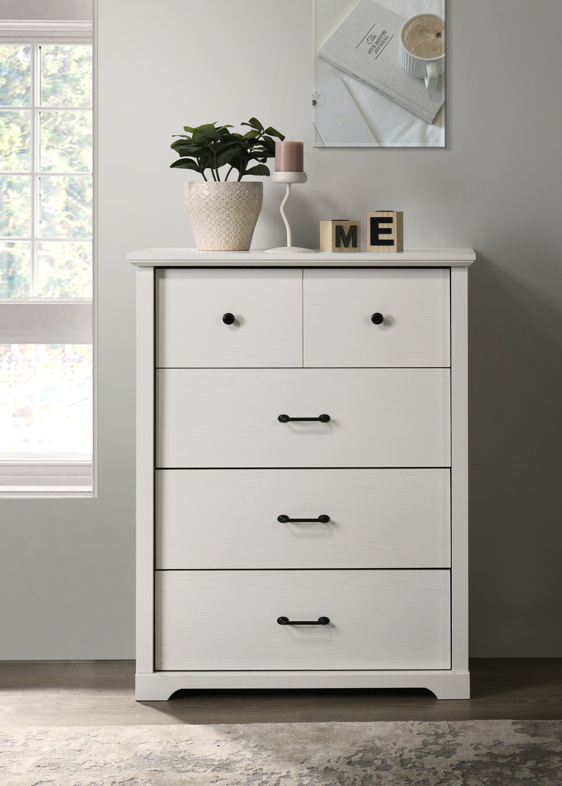 Elara 32"W White 4-Drawer Chest Black Handles