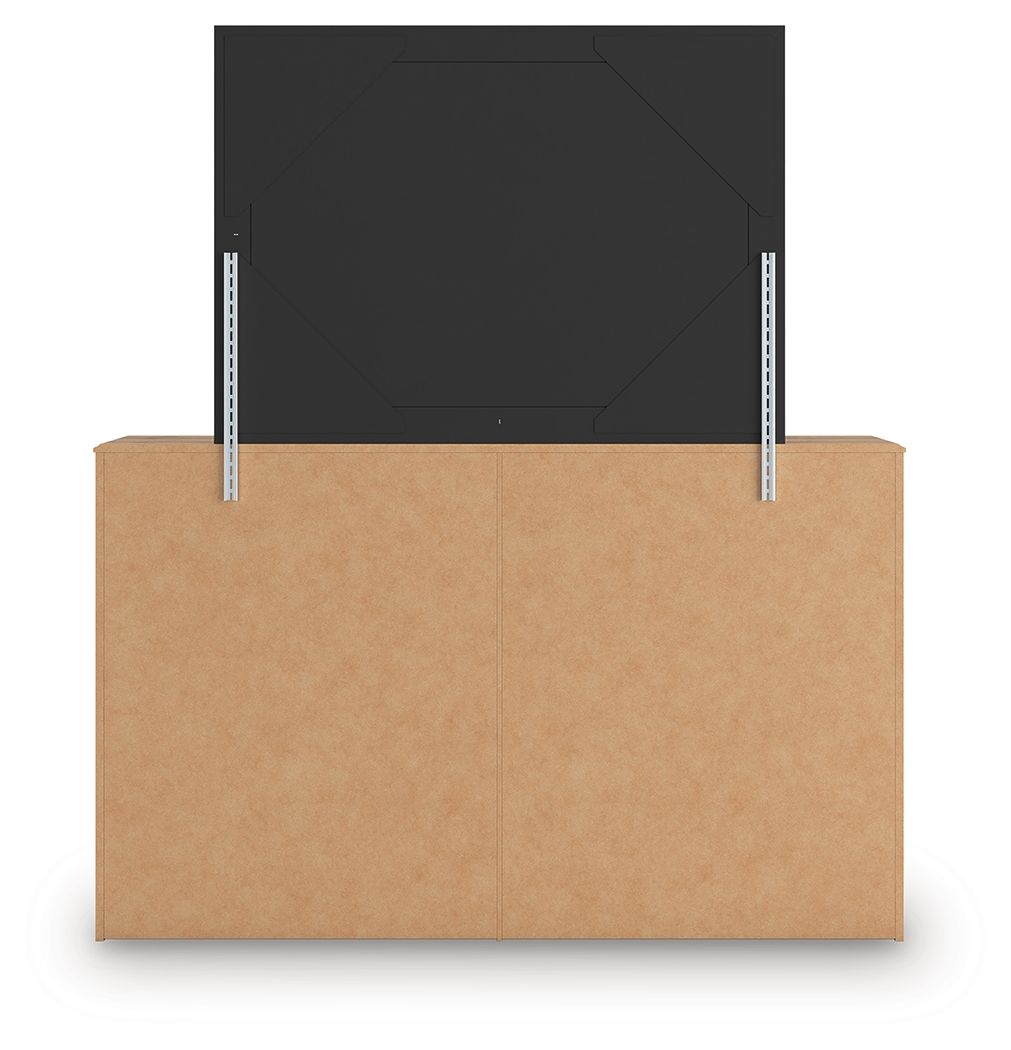 Aleaport dresser with attached mirror support on the back, shown with cardboard wrap