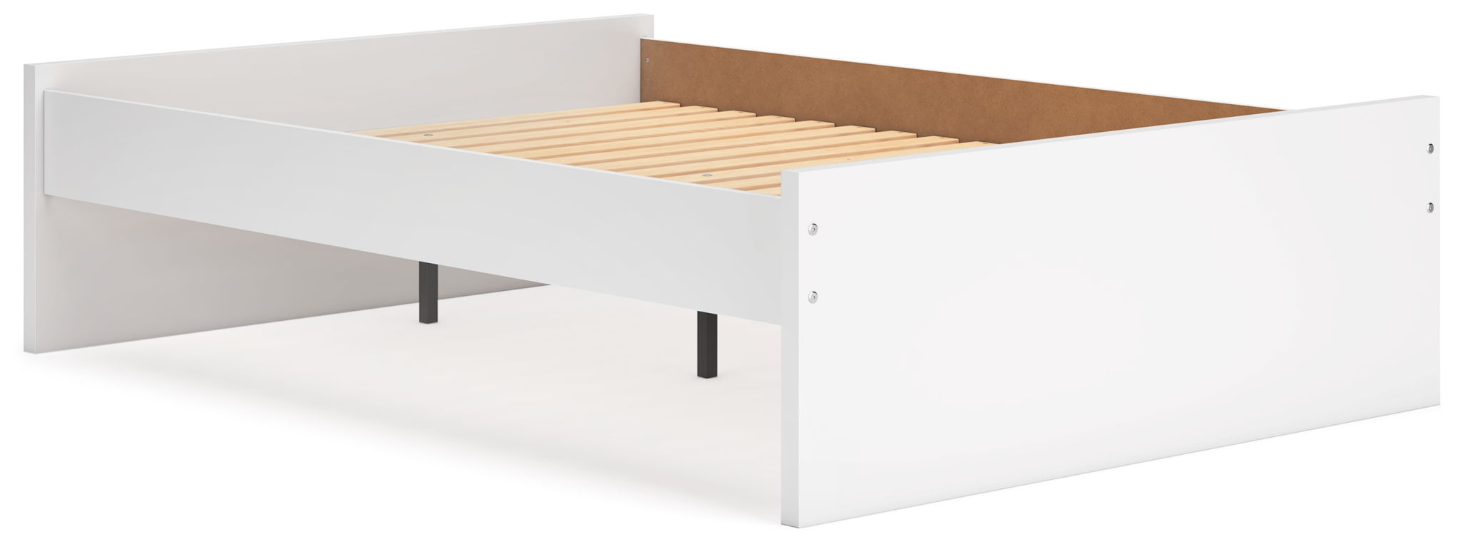 White platform bed with open storage space and tan slatted mattress support