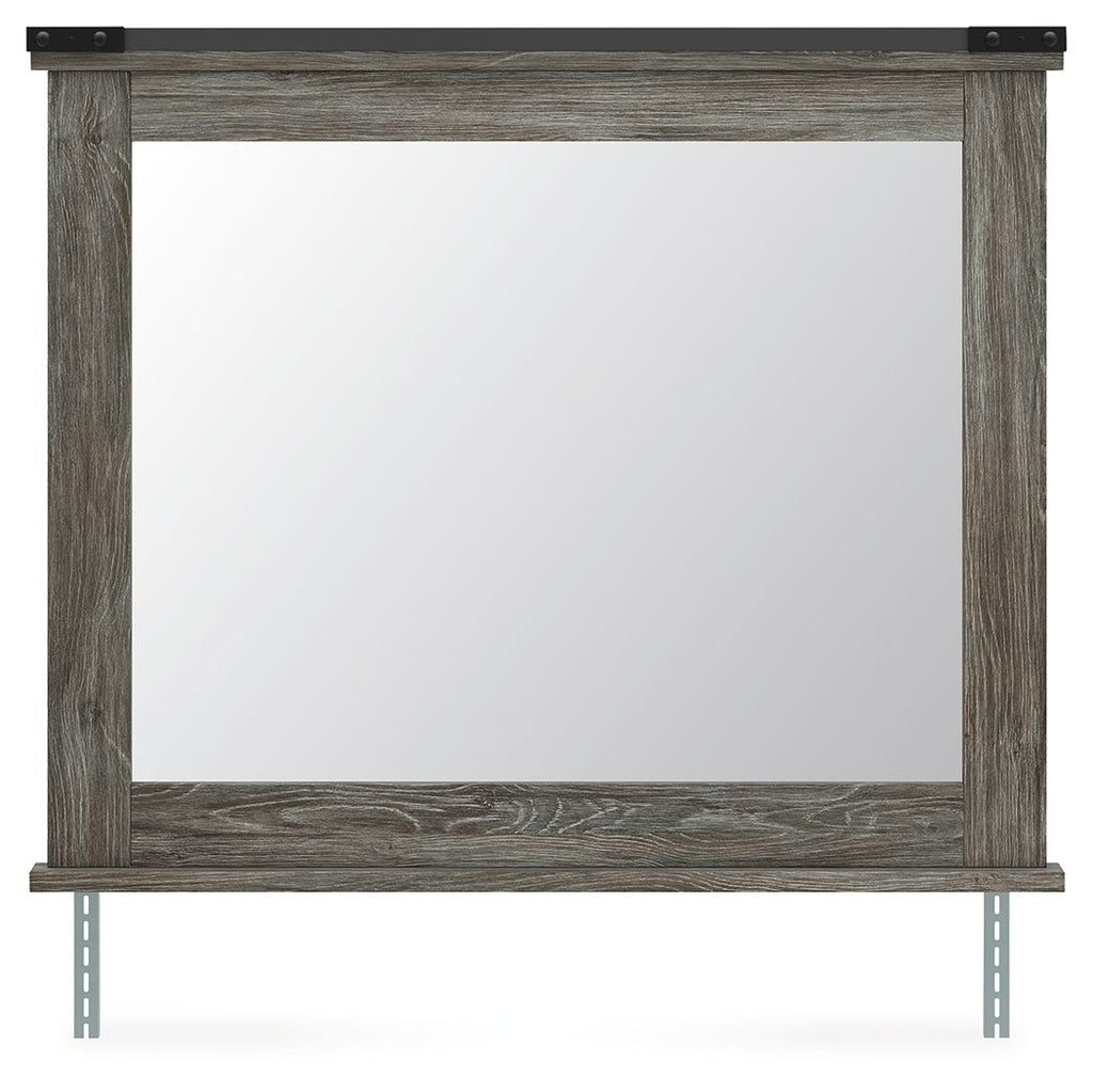 Gray wood-framed rectangular mirror with black top brackets