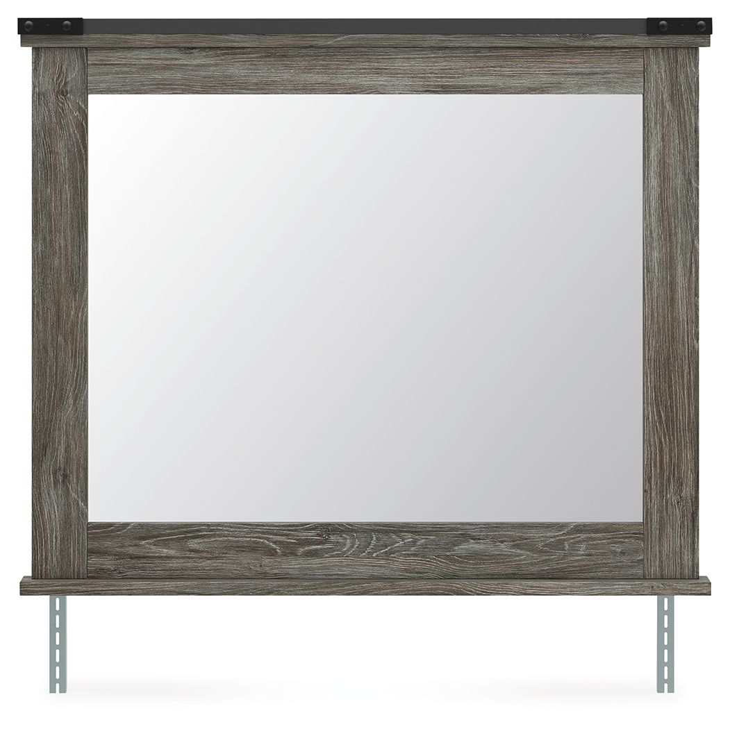 Gray wood-framed rectangular mirror with black top brackets