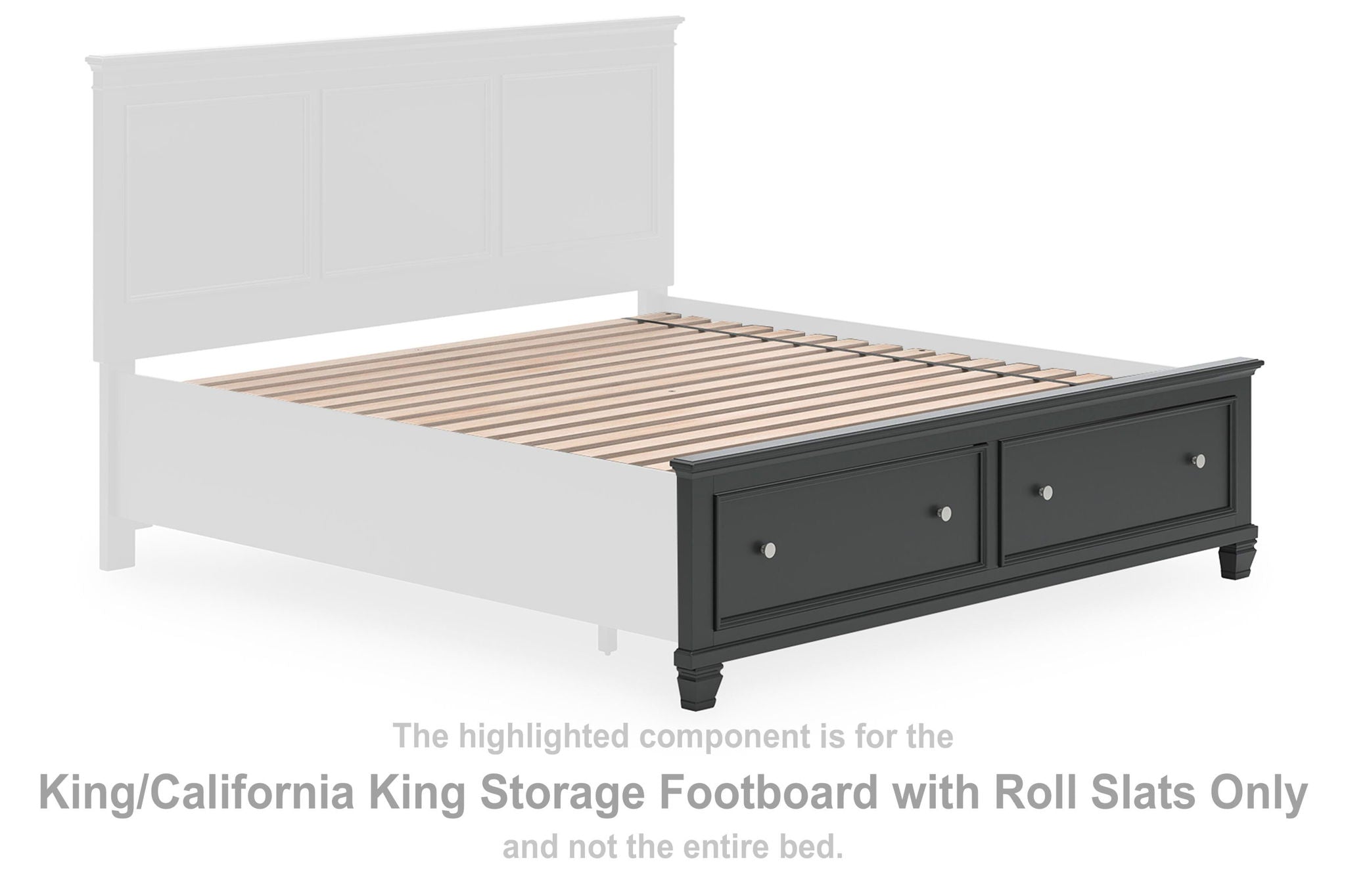 Black storage footboard with roll slats and two drawers
