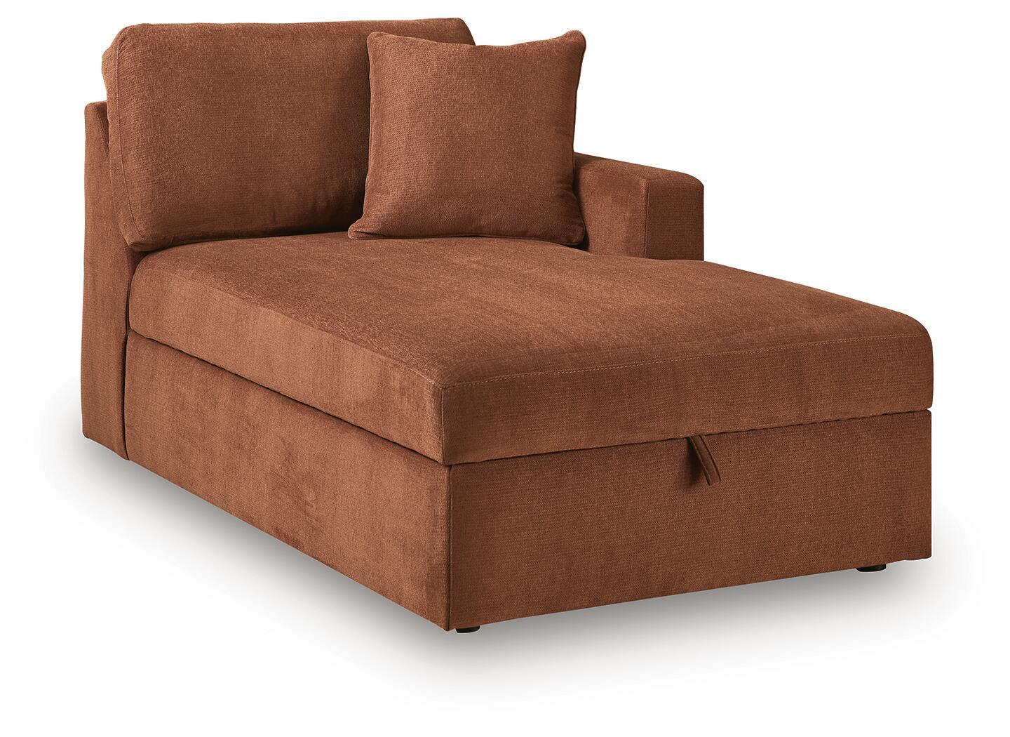 Spice-brown RAF corner chaise with storage, padded arms and back cushions.