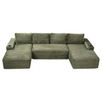 Green corduroy U-shape sectional sofa with back cushions and chaise ends