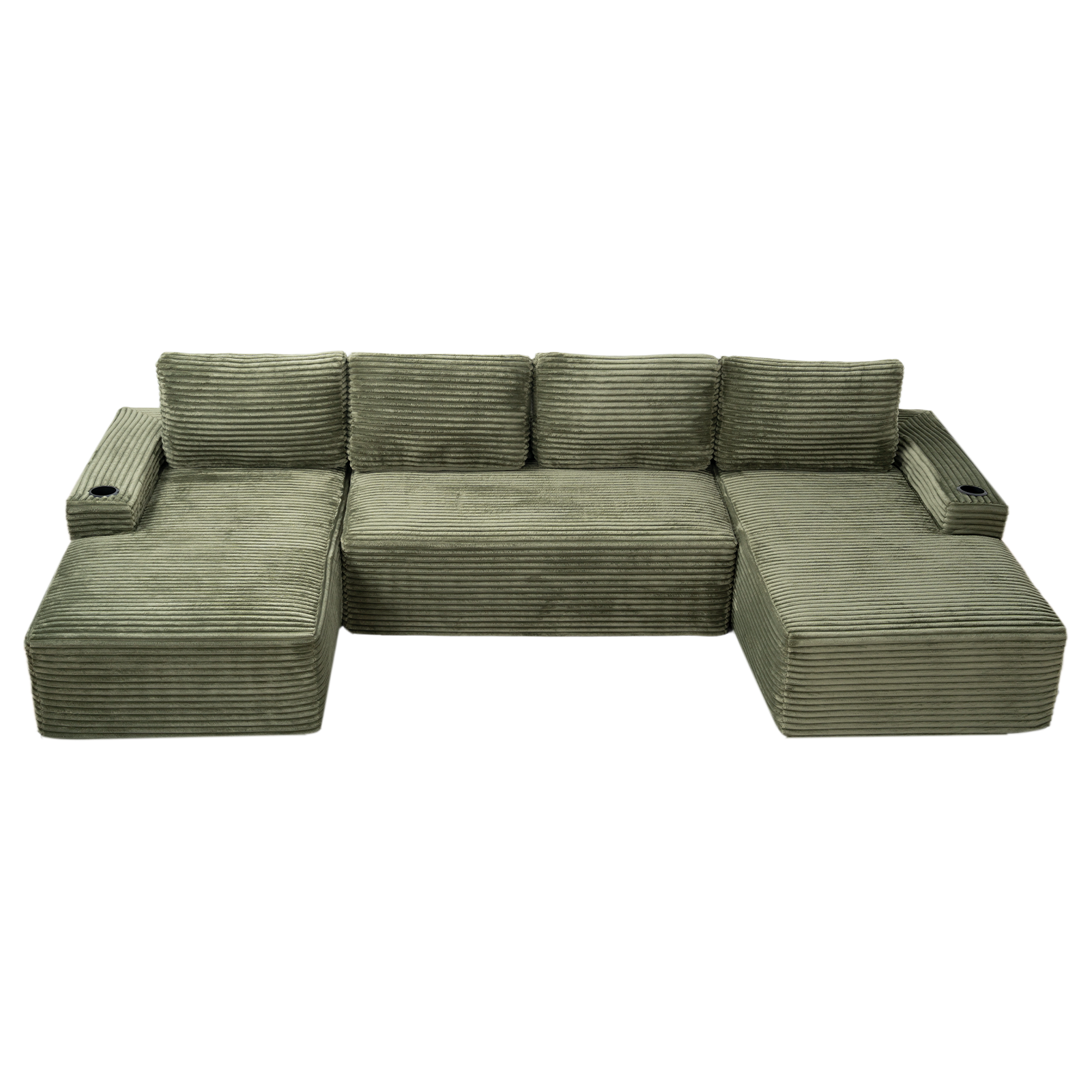 Green corduroy U-shape sectional sofa with back cushions and chaise ends