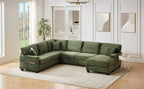 Green corduroy U-shaped sectional sofa with ottoman and deep ribbed cushions