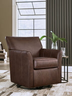 Dark brown swivel glider accent chair with cushioned back and arm panels.