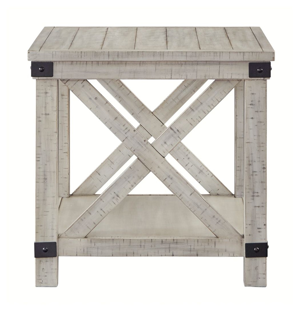 Whitewashed rectangular end table, slatted top, X cross brace inside, open lower shelf